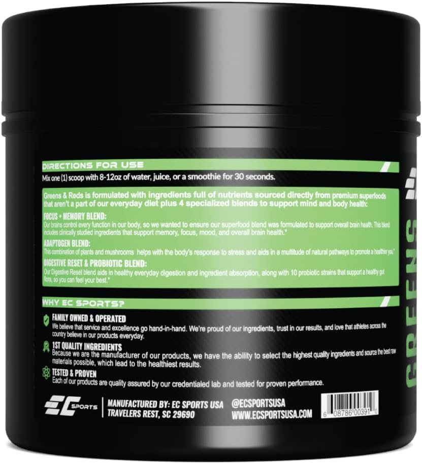 EC Sports Greens & Reds Blend Peach Berry - Polvo con Probióticos y Adaptógenos - 30 Servicios