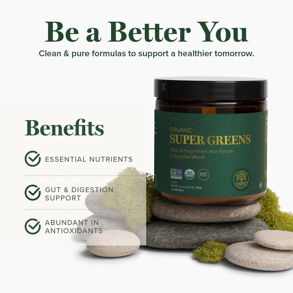 Global Healing Super Greens Orgánico en Polvo - Mezcla de 15 Brotes Enteros