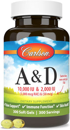 Carlson A & D, 10000 IU (3000 mcg RAE) Vitamina A, 2000 IU (50 mcg) Vitamina D, 300 Cápsulas Blandas
