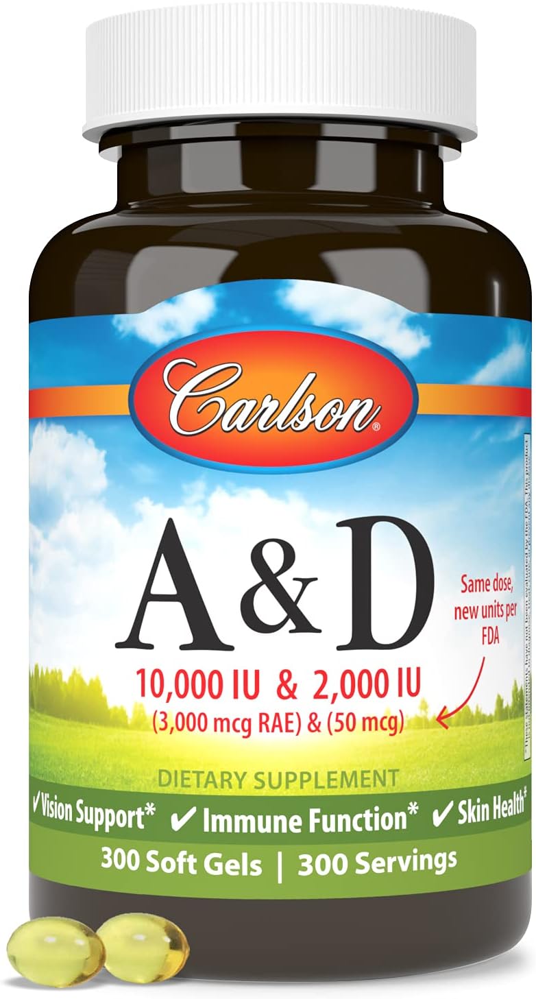 Carlson A & D, 10000 IU (3000 mcg RAE) Vitamina A, 2000 IU (50 mcg) Vitamina D, 300 Cápsulas Blandas