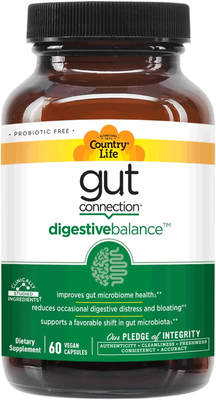 Country Life Gut Connection Digestive Balance – Prebiótico y Enzimas Digestivas para la Salud Intestinal, 60 Cápsulas