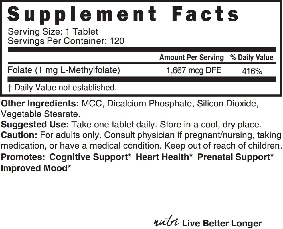 Nutri 5-MTHF L-Metilfolato 1 mg - 120 Comprimidos Veganos - Complemento Alimenticio