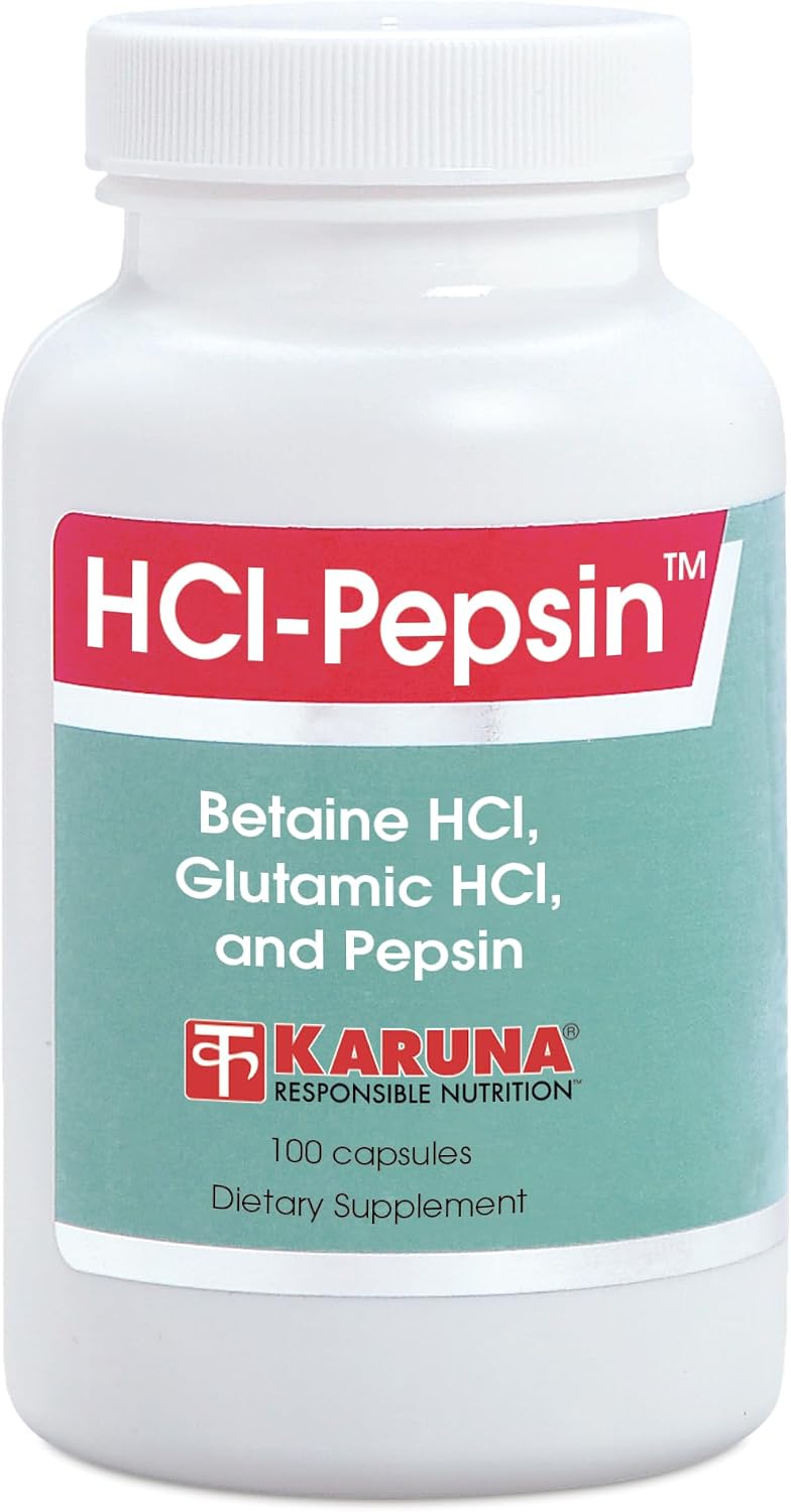 Karuna HCl-Pepsina (100 Cápsulas Vegetales) | Betaína HCl 550mg, Pepsina (1:3000) 175mg, Ácido Glutámico HCl 100mg