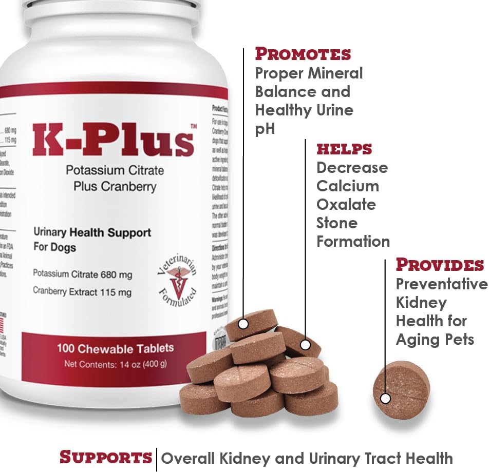 K-Plus Citrato de Potasio y Arándano para Perros - Complemento para la Salud Urinaria - 200 Comprimidos Masticables