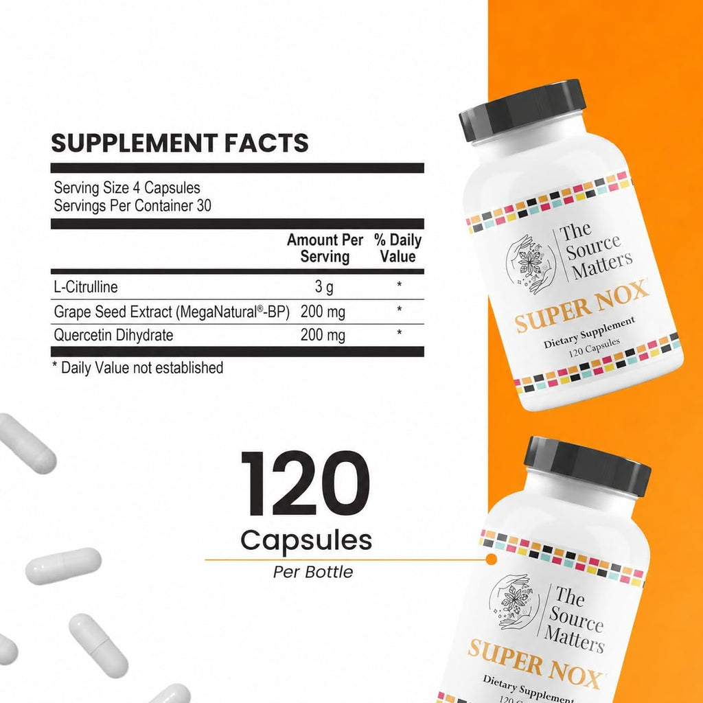 Super NOX (120 Cápsulas) - Suplemento de Óxido Nítrico con L-Citrulina - Potenciador de Óxido Nítrico para Apoyo Circulatorio y Vascular | Quercetina y Extracto de Semilla de Uva