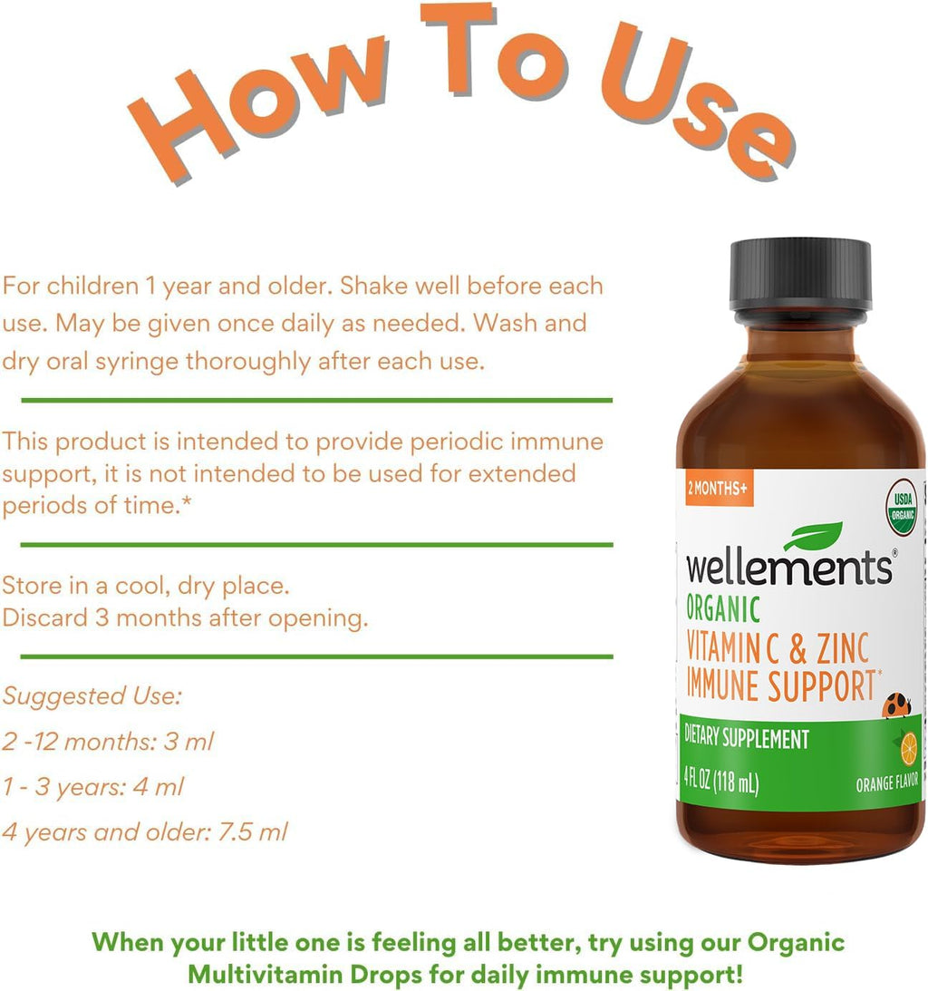 Wellements Organic Kids Immune Support Jarabe con Vitamina C y Zinc (118 ml) - a partir de 2 meses