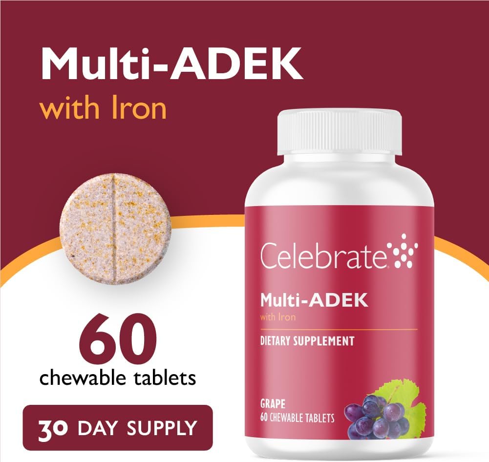 Celebrate Vitamins Multi ADEK Masticable con Hierro 60mg - Multivitamínico Diario para Cirugía Bariátrica - Sabor Uva (60 Comprimidos)