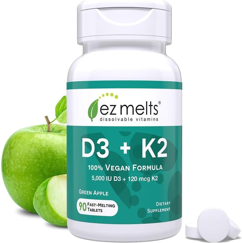 EZ Melts Vitamina D3 + K2 5000 UI, 90 Comprimidos Disolubles Veganos Sabor Manzana Verde