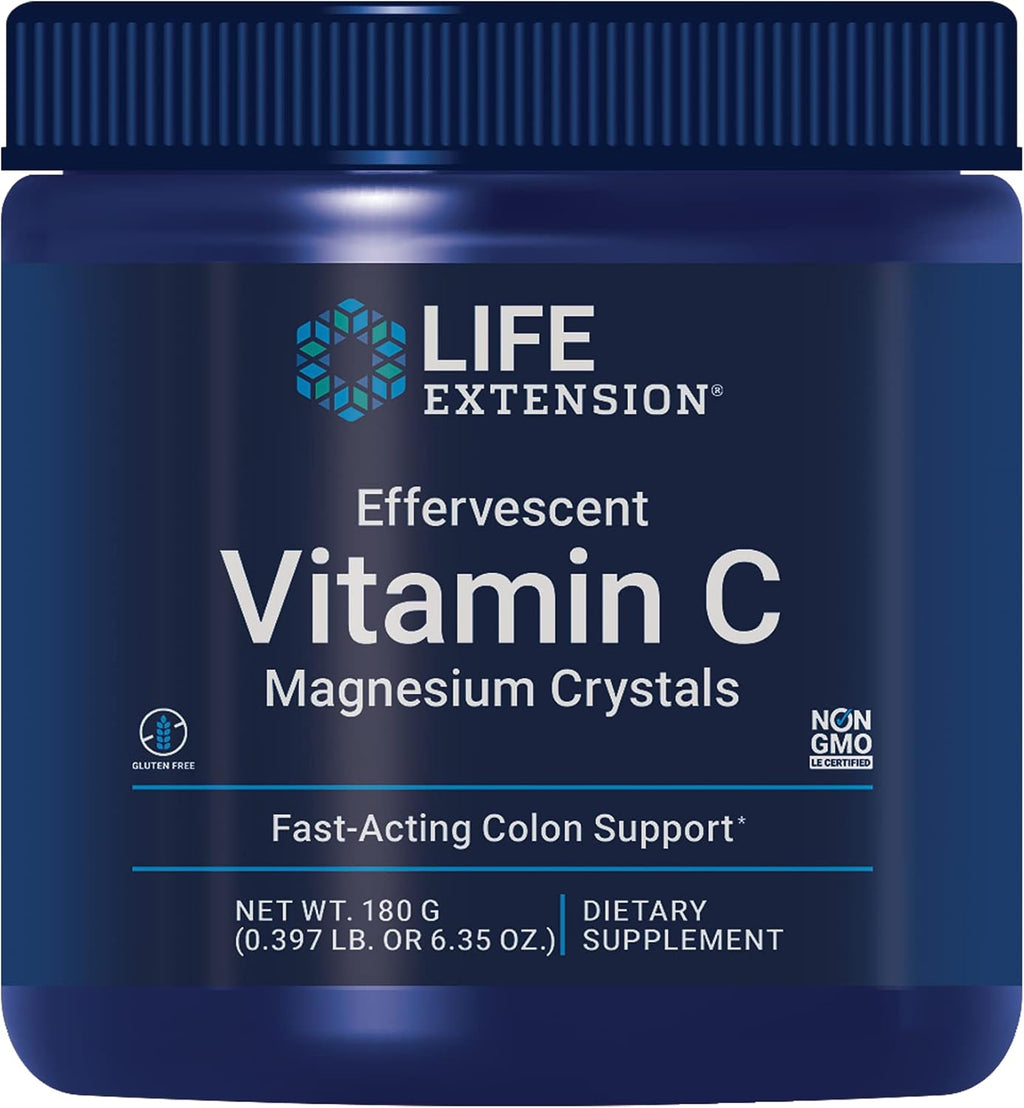 Life Extension Vitamin C and Magnesium Effervescent Crystals for Occasional Constipation Relief, Gluten-Free, Non-GMO, Vegetarian, 180 g