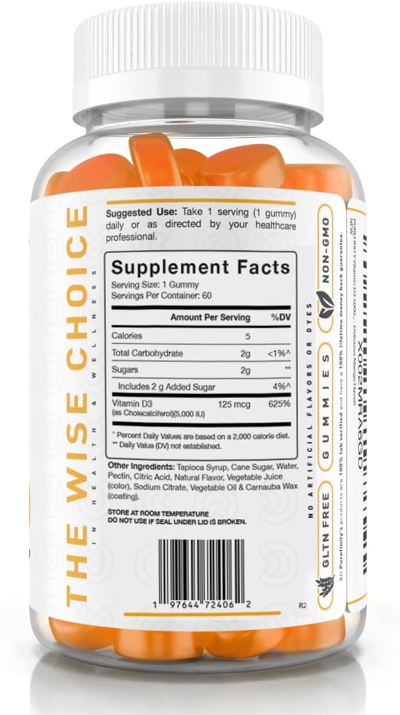 PUREFINITY Vitamina D3 5000 UI Gummies - Suplemento de vitamina D para la salud ósea e inmunitaria