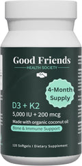 Good Friends Health - Vitamina D3 5000 UI + Vitamina K2 200 mcg - 120 Cápsulas Blandas Vegetales