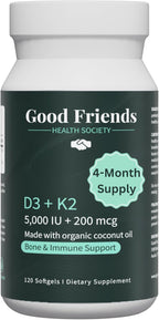 Good Friends Health - Vitamina D3 5000 UI + Vitamina K2 200 mcg - 120 Cápsulas Blandas Vegetales