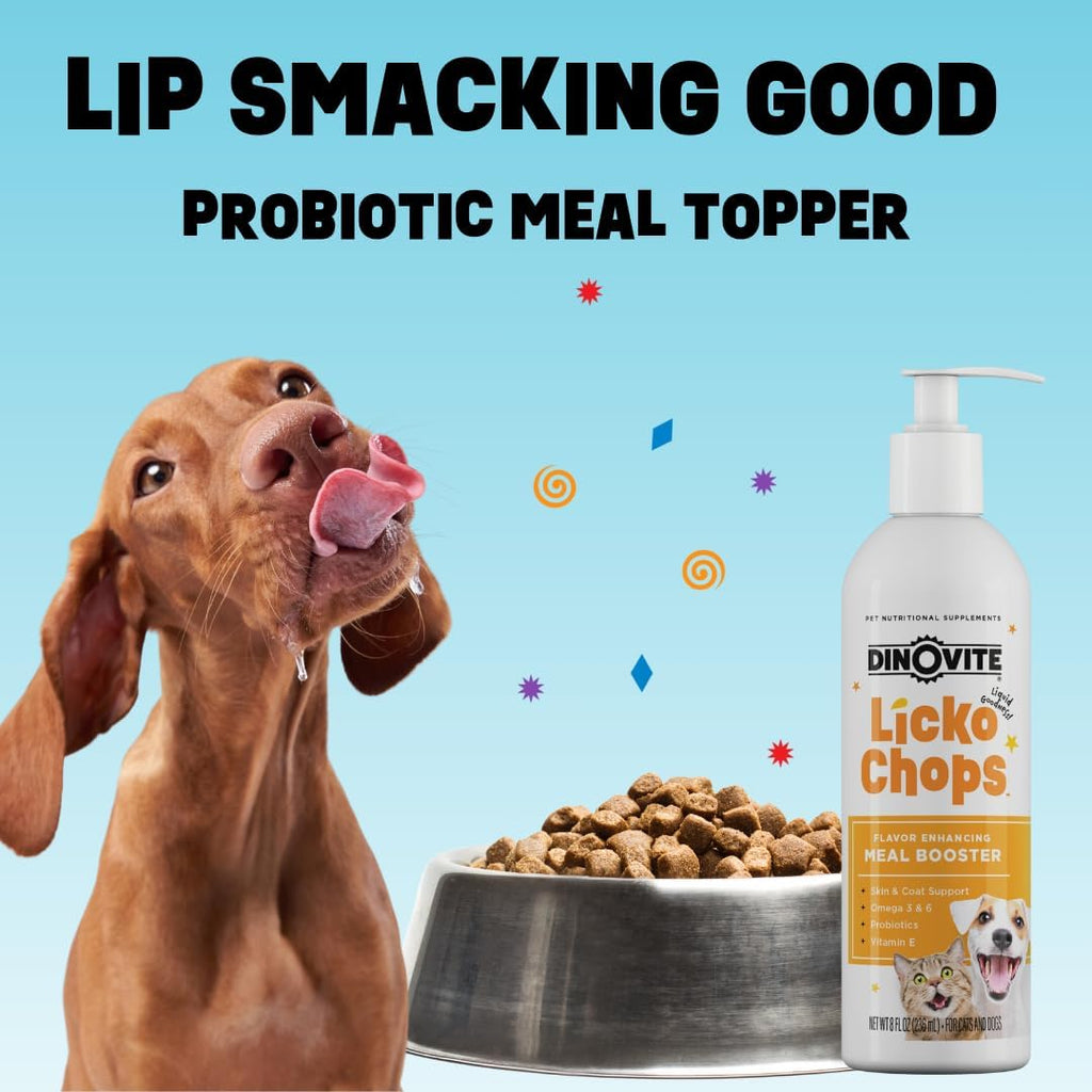 Dinovite Lickochops Suplemento para Perros y Gatos con Ácidos Grasos Omega-3 y 6, Probióticos y Vitamina E, 473 ml con Dosificador