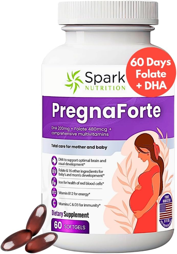 Pregnaforte 1 al Día Vitaminas Prenatales - 60 Cápsulas con Ácido Fólico y Omega 3