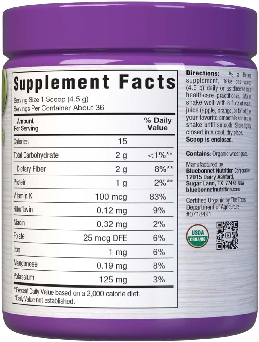 Bluebonnet Nutrition Super Earth Polvo de Hierba de Trigo Orgánico, 35 Raciones, 5.6 oz (159 g)