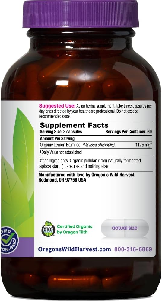 Oregon's Wild Harvest Complemento Alimenticio de Melisa Orgánica Certificada 1125 mg, 180 Cápsulas