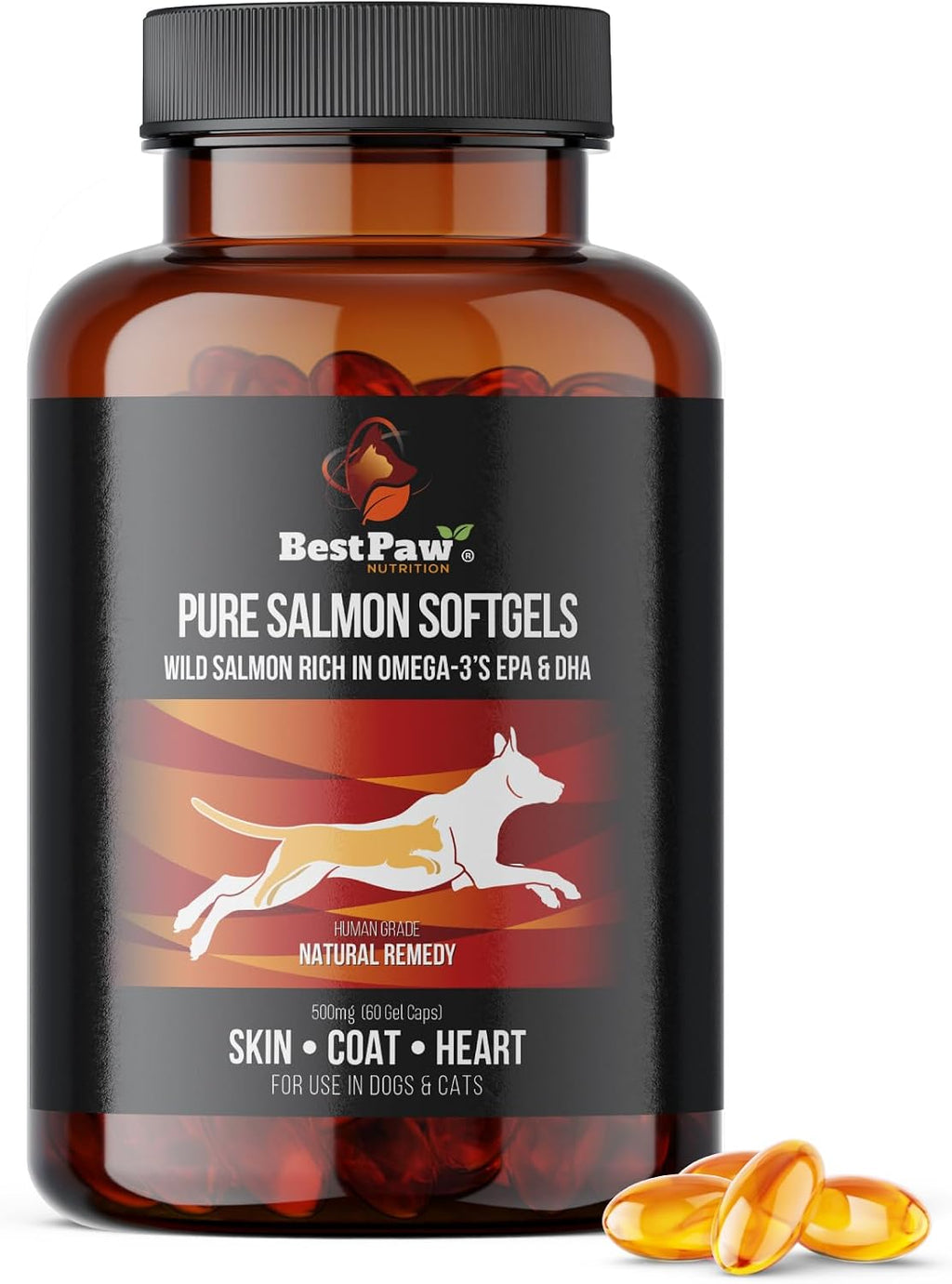 Aceite de Salmón Salvaje de Alaska para Perros y Gatos | Cápsulas Blandas de Aceite de Pescado Omega 3 | Piel y Pelaje, Articulaciones y Soporte Cardíaco | 500mg EPA DHA | 60 Unidades