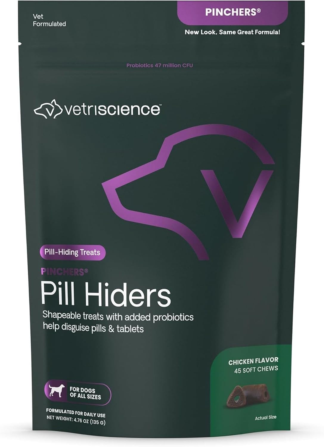 VetriScience Extra Large Pinchers Pill Hiders - Envoltura para pastillas con probióticos para perros, sabor a mantequilla de cacahuete, 45 unidades