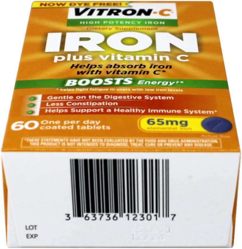 Vitron-C High Potency Iron Supplement with Vitamin C, 65 mg Elemental Iron, 60 Coated Tablets