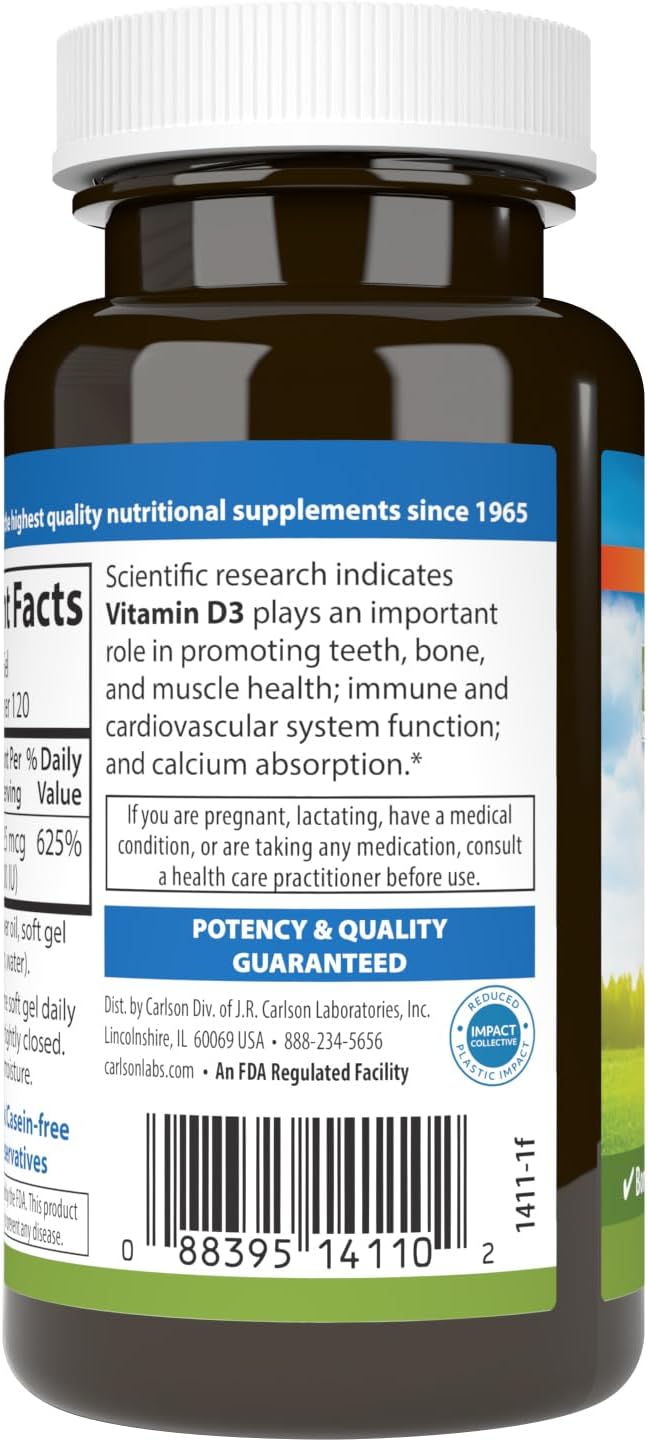 Carlson - Vitamina D3 5000 UI (125 mcg), 120 Cápsulas Blandas