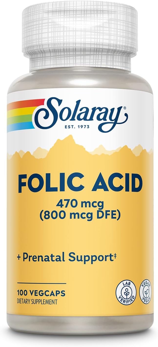 Solaray Ácido Fólico - Vitamina B9, Suplemento Prenatal - Favorece el Desarrollo de Glóbulos Rojos - Vegano, Verificado en Laboratorio - 100 Cápsulas Veganas