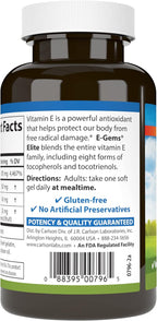 Carlson - E-Gems Elite, 1000 UI (670 mg) Vitamina E con Tocoferoles y Tocotrienoles, Bienestar Óptimo, 60 Cápsulas Blandas