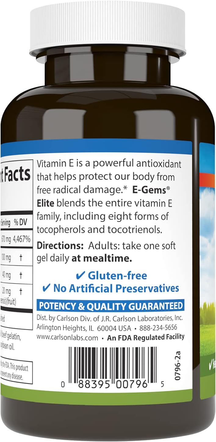 Carlson - E-Gems Elite, 1000 UI (670 mg) Vitamina E con Tocoferoles y Tocotrienoles, Bienestar Óptimo, 60 Cápsulas Blandas