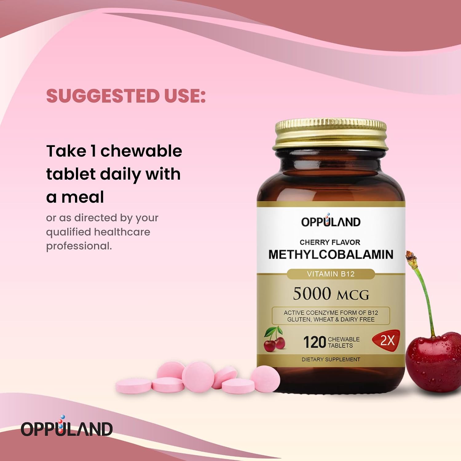 Oppuland Metilcobalamina B12 5000 mcg con Folato - Comprimidos Masticables Sabor Cereza - 120 Unidades