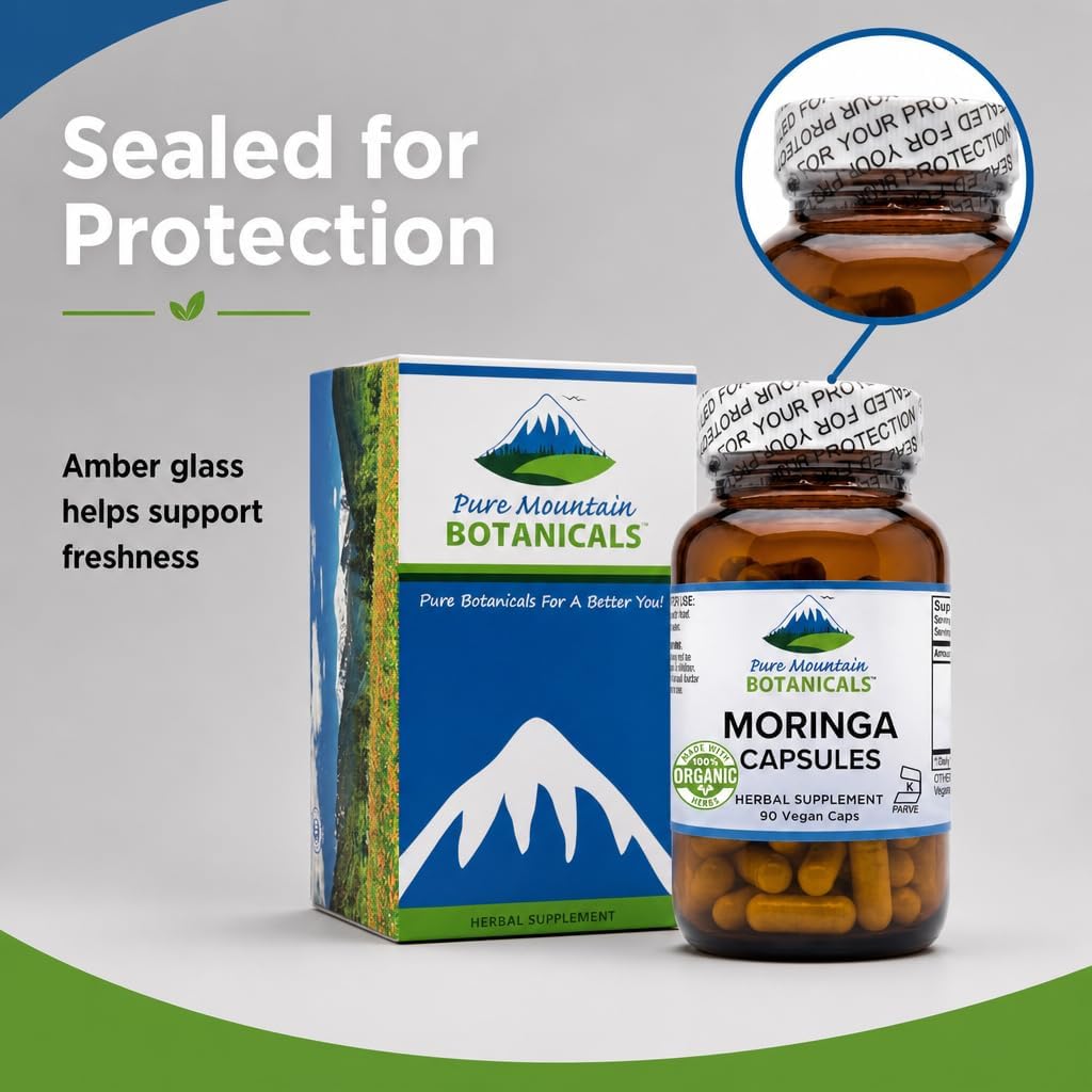 Pure Mountain Botanicals Moringa en Cápsulas - 1000mg Orgánico por Ración - 90 Cápsulas - Vegano Kosher Sin Gluten