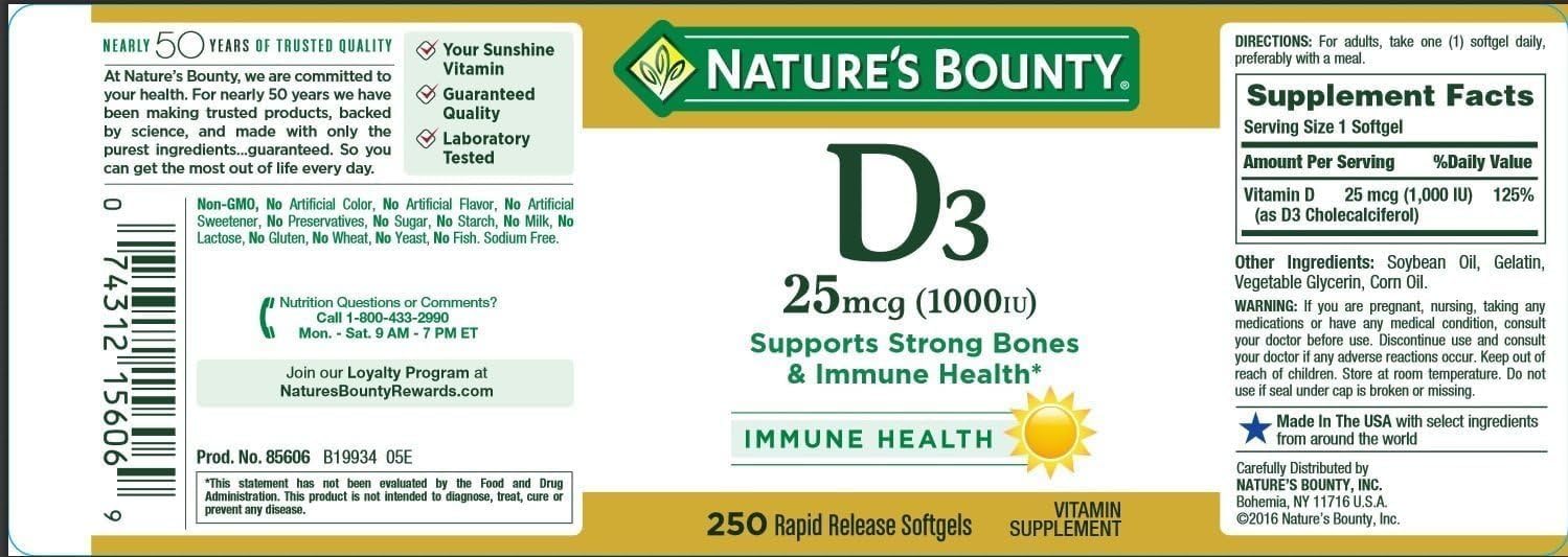 Nature's Bounty Vitamina D3 1000 UI, Cápsulas Blandas de Liberación Rápida, 250 uds (Paquete de 2)