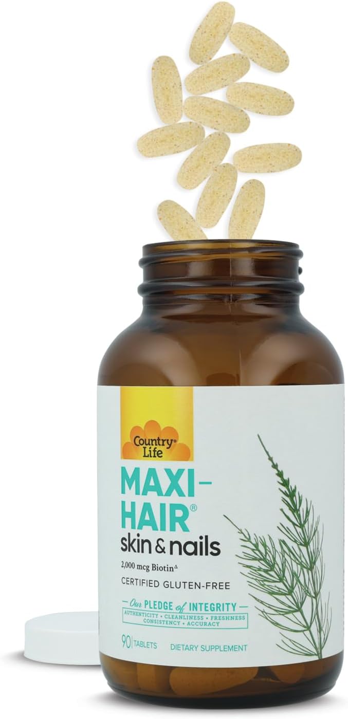 Country Life Maxi-Hair-Skin & Nails - 2000 mcg de Biotina, Sin PABA, 90 Comprimidos