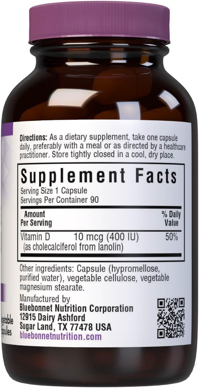 BlueBonnet Vitamina D3 400 UI – 90 Cápsulas Vegetales