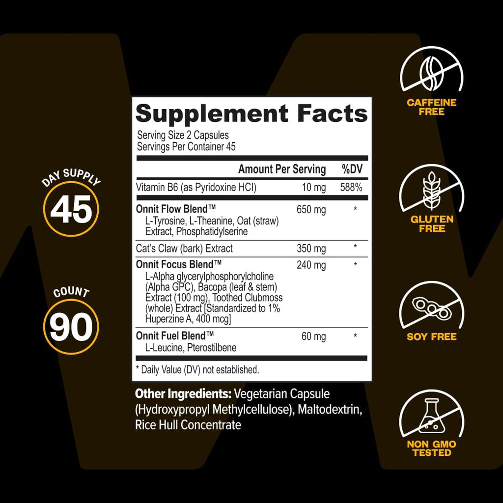 ONNIT Alpha Brain - Suplemento Nootrópico de Enfoque y Memoria con L-Teanina y Vitamina B6, 90 Cápsulas