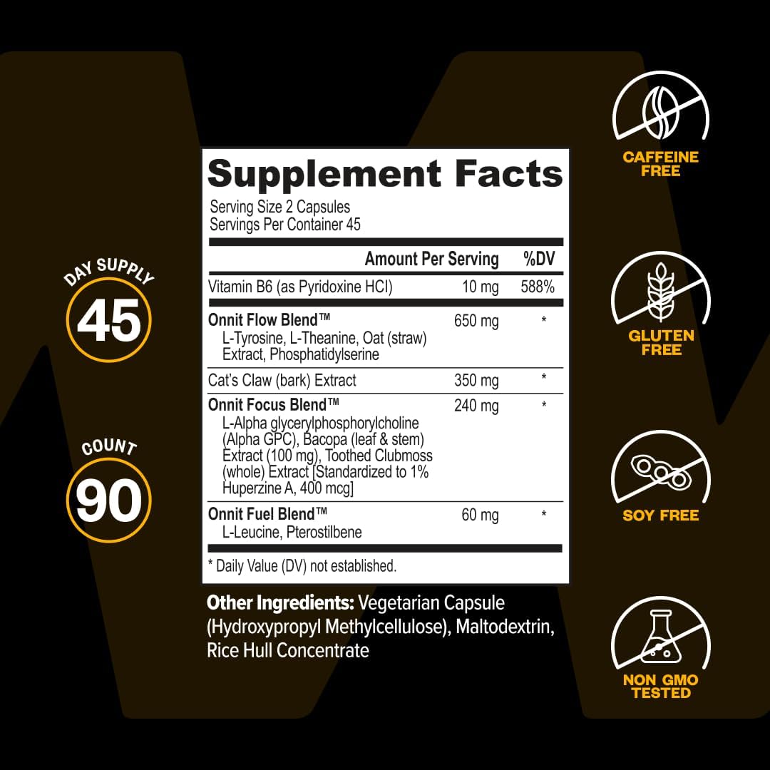 ONNIT Alpha Brain - Suplemento Nootrópico de Enfoque y Memoria con L-Teanina y Vitamina B6, 90 Cápsulas