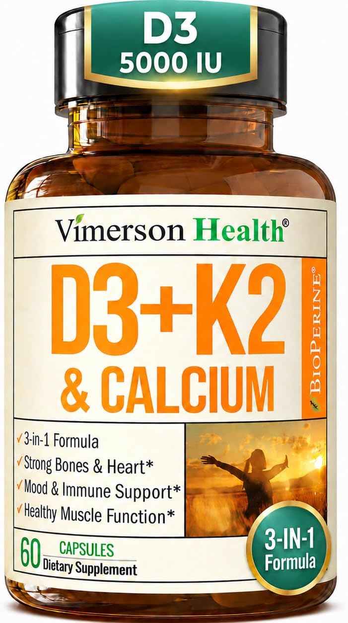 Vitamina D3 + K2 + Calcio con BioPerine – 60 Cápsulas