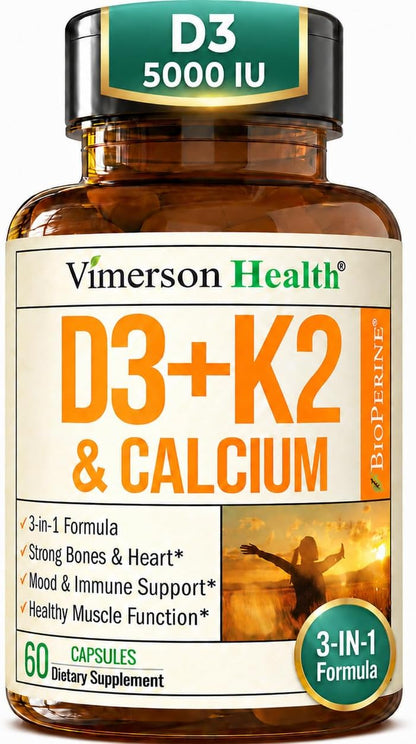 Vitamina D3 + K2 + Calcio con BioPerine – 60 – Vitamina D: contribuye a la absorción y utilización normal del – Image 1