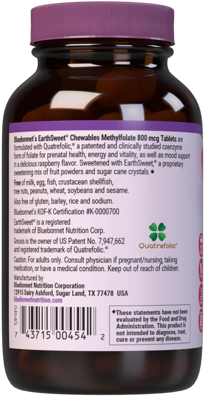 Bluebonnet EarthSweet Methylfolate 800 mcg - Dietary Supplement with Active 5-MTHF - 90 Raspberry Flavored Chewable Tablets