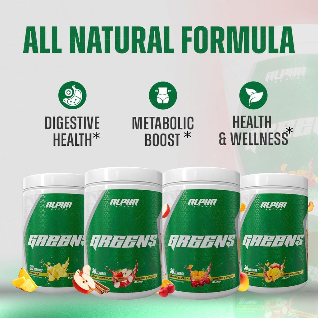 Alpha Greens - Superfood en Polvo con Frutas y Verduras, 40+ Ingredientes Naturales, Prebiótico y Probiótico, 30 Servicios (Melocotón Mango)