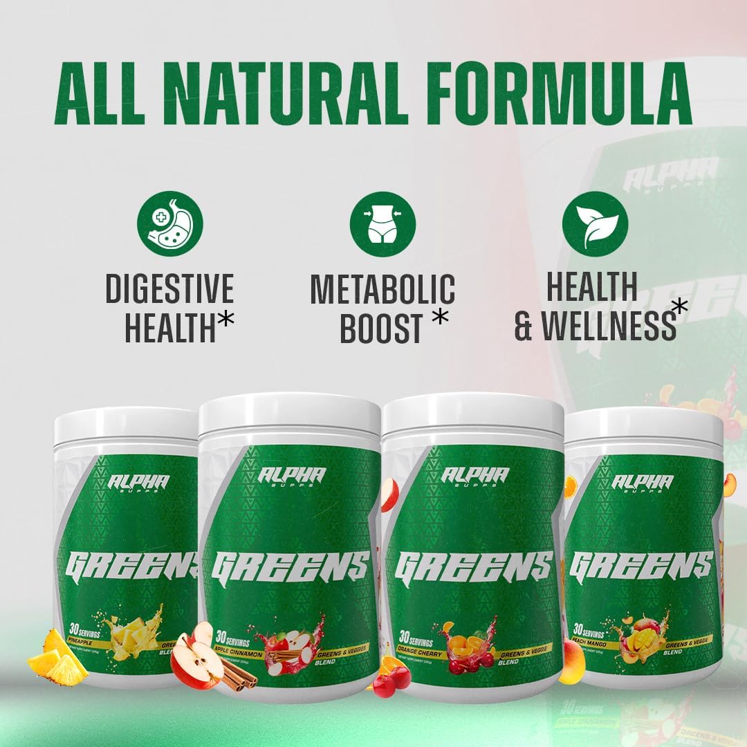 Alpha Greens - Superfood en Polvo con Frutas y Verduras, 40+ Ingredientes Naturales, Prebiótico y Probiótico, 30 Servicios (Melocotón Mango)