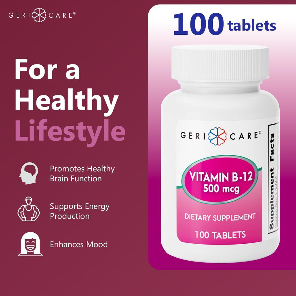 GeriCare Vitamina B12 500mcg – 100 Comprimidos para Energía y Salud Cerebral