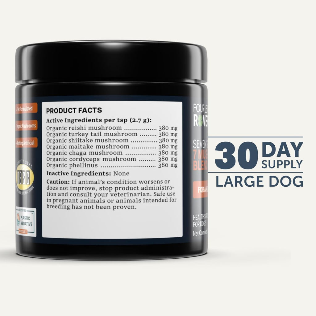 Seven Shrooms - Suplemento Orgánico de Setas para Perros (7 Setas Enteras: Turkey Tail, Reishi, Cordyceps, Shiitake, Maitake) - Polvo de Apoyo Inmunitario con Beta-Glucanos, Formulado por Veterinarios