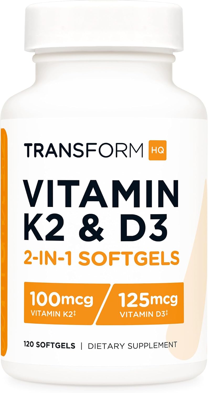 TransformHQ Vitamina K2 (MK7) 100 mcg + Vitamina D3 5000 UI, 120 Cápsulas Blandas - Sin Gluten y No GMO