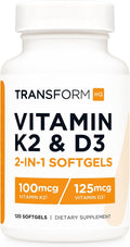 TransformHQ Vitamina K2 (MK-7) 100 mcg + Vitamina D3 5000 UI, 120 Cápsulas blandas - Sin gluten y no transgénico