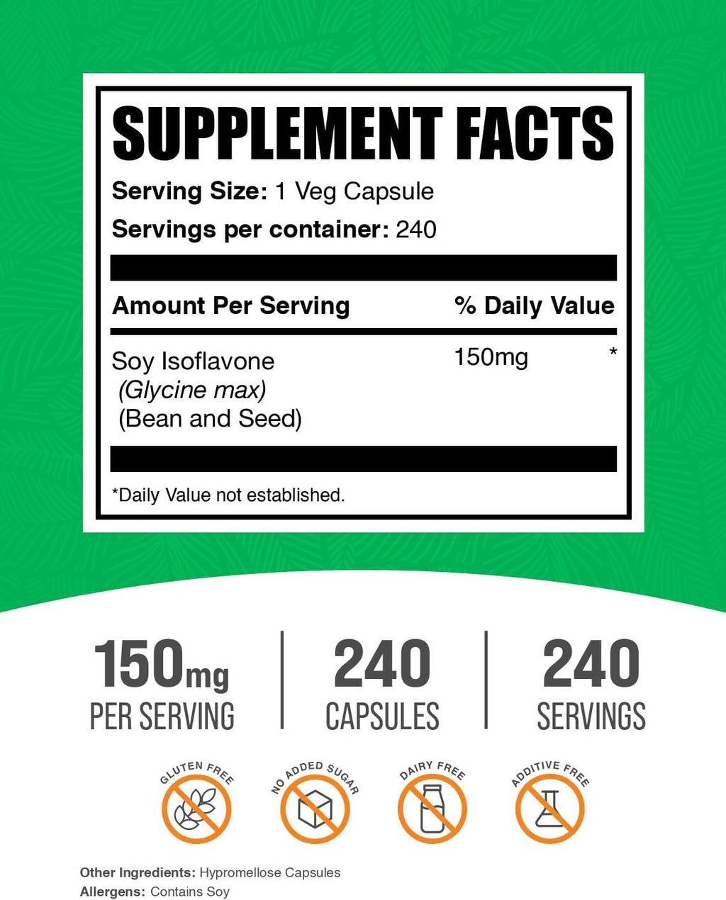 BulkSupplements.com Cápsulas de Isoflavonas de Soja - Suplemento de Isoflavonas de Soja - Vegano y Sin Gluten, 1 Cápsula por Ración (150 mg), 240 Unidades