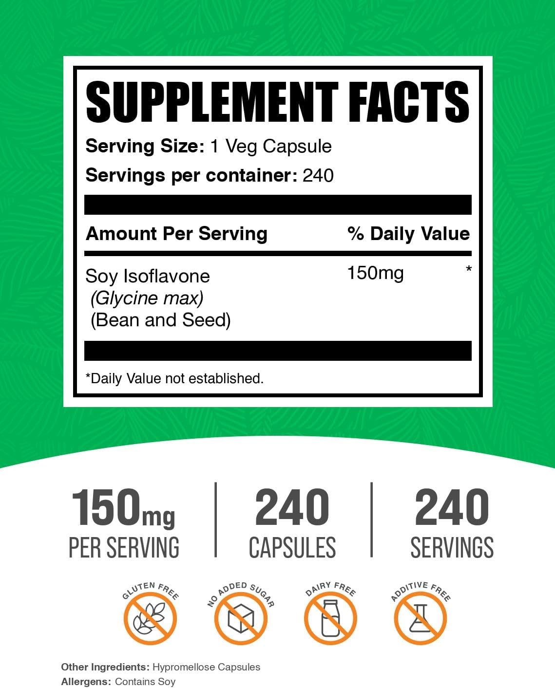 BulkSupplements.com Cápsulas de Isoflavonas de Soja - Suplemento de Isoflavonas de Soja - Vegano y Sin Gluten, 1 Cápsula por Ración (150 mg), 240 Unidades