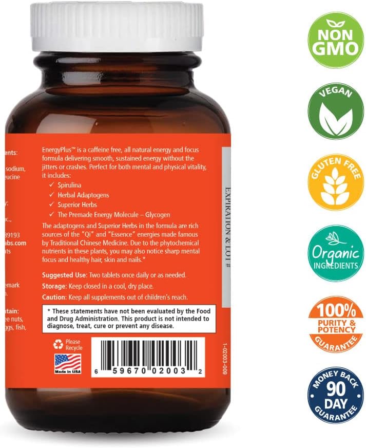 Energy Plus de Pure Essence - Suplemento Herbal de Energía y Concentración - Sin Cafeína - 60 Comprimidos