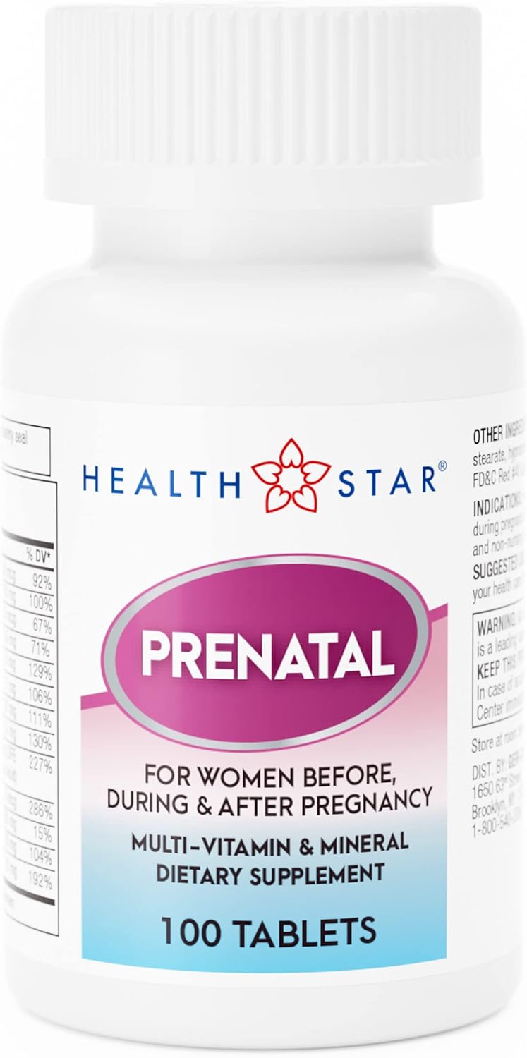 HealthStar Prenatal Multivitamin for Healthy Mom & Baby - Folate + Vitamin C + Vitamin D + Iron + Calcium + B12 - 100 Tablets