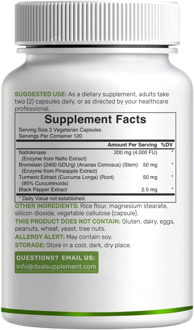 Nattokinase 4.000 FU por Ración (240 Cápsulas Veganas) – Complejo con Bromelina, Cúrcuma y Pimienta Negra – Enzimas Digestivas – No Transgénico, Vegano