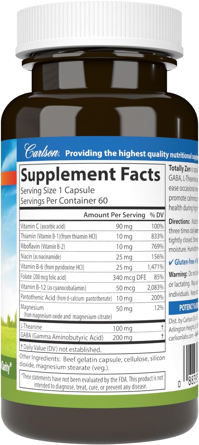 Carlson Totally Zen: GABA, L-Theanina y Vitaminas B, 60 Cápsulas