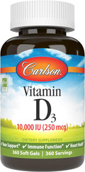 Carlson Vitamina D3 10.000 UI (250 mcg), Colecalciferol, para Huesos e Inmunidad, 360 Cápsulas Blandas